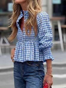 Camisa a cuadros con volantes en el bajo, estilo casual y retro para mujer, primavera/verano - Azul cielo - Ver 4