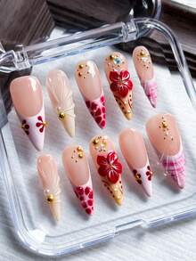 10片长尖头手工按压式美甲贴纸，Y2K风格假指甲，玳瑁纹，贝壳法式贴片，3D立体花卉雕刻，春夏亚克力手工假指甲，适合女性日常、度假和旅行美甲装饰，包含果冻凝胶和指甲锉。 - 彩色 - 查看 2