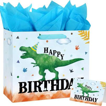 Bộ 1/2/5 túi quà chủ đề khủng long dễ thương - Hình in khủng long T-Rex màu nước với dòng chữ "Chúc mừng sinh nhật" dành cho tiệc sinh nhật chủ đề khủng long và kỷ Jura, túi quà sinh nhật chủ đề kỷ Jura.