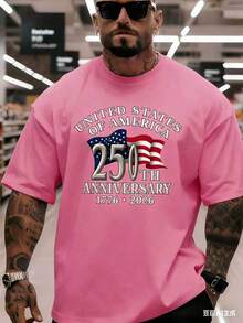 Men's 250th Anniversary Commemorative Graphic Short Sleeve T-Shirt, Soft Breathable Fabric Loose Fit Casual Tee, 180g Fashion Tops -4th Of July - 粉色 - 查看 1
