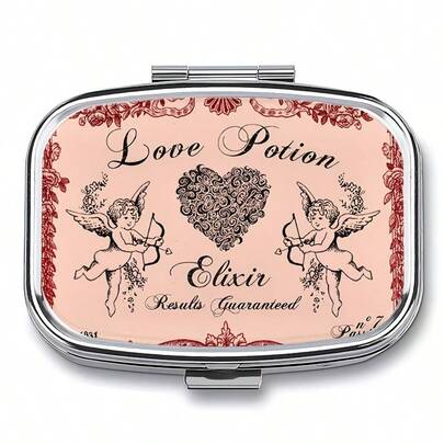 Hộp đựng thuốc vuông LOVE POTION, hộp đựng thuốc nhỏ gọn, 2 ngăn, hộp đựng thuốc gia dụng di động, lý tưởng cho túi quần, túi xách, du lịch, quà tặng độc đáo.
