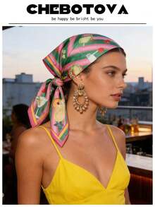 1 pieza Pañuelo suave de poliéster con estampado de dibujos animados de elementos marinos, estilo bohemio, pañuelo delgado, adecuado para primavera, verano, otoño, playa, vacaciones - Multicolor - Ver 5