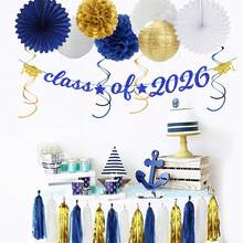 31pcs Navy Blue White Gold Graduation Party Decor Set Class 2026 Congrats Grad Banner Hat Hanging Streamers Celebration Backdrop For College High School Masters - Navy Blue White Gold Graduation - View 4