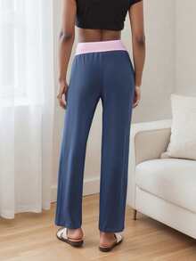 Womens Fold Over Yoga Pants Low Waist Contrast Color Wide Leg Flare Pants Sweatpants Fall Clothes - Blue - View 6