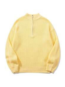 Women's Simple Ribbed Solid Color Casual Korean Textured Commuter Loose Versatile Stand Collar Zipper Half-Placket Pullover Long Sleeve Sweater, Spring/Autumn/Winter - 黃色 - 查看 5