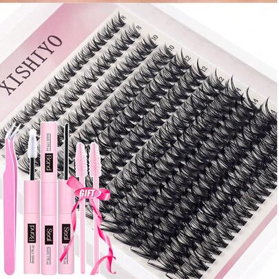 Bộ 240 sợi mi giả D-Curl dạng xòe, dài 8-16mm, tự làm mi giả, tự nhiên và mềm mại, có thể tái sử dụng, bao gồm dụng cụ trang điểm, keo, nhíp và cọ, thích hợp cho sử dụng hàng ngày, đám cưới, hẹn hò, tiệc tùng, lễ hội âm nhạc, Halloween.