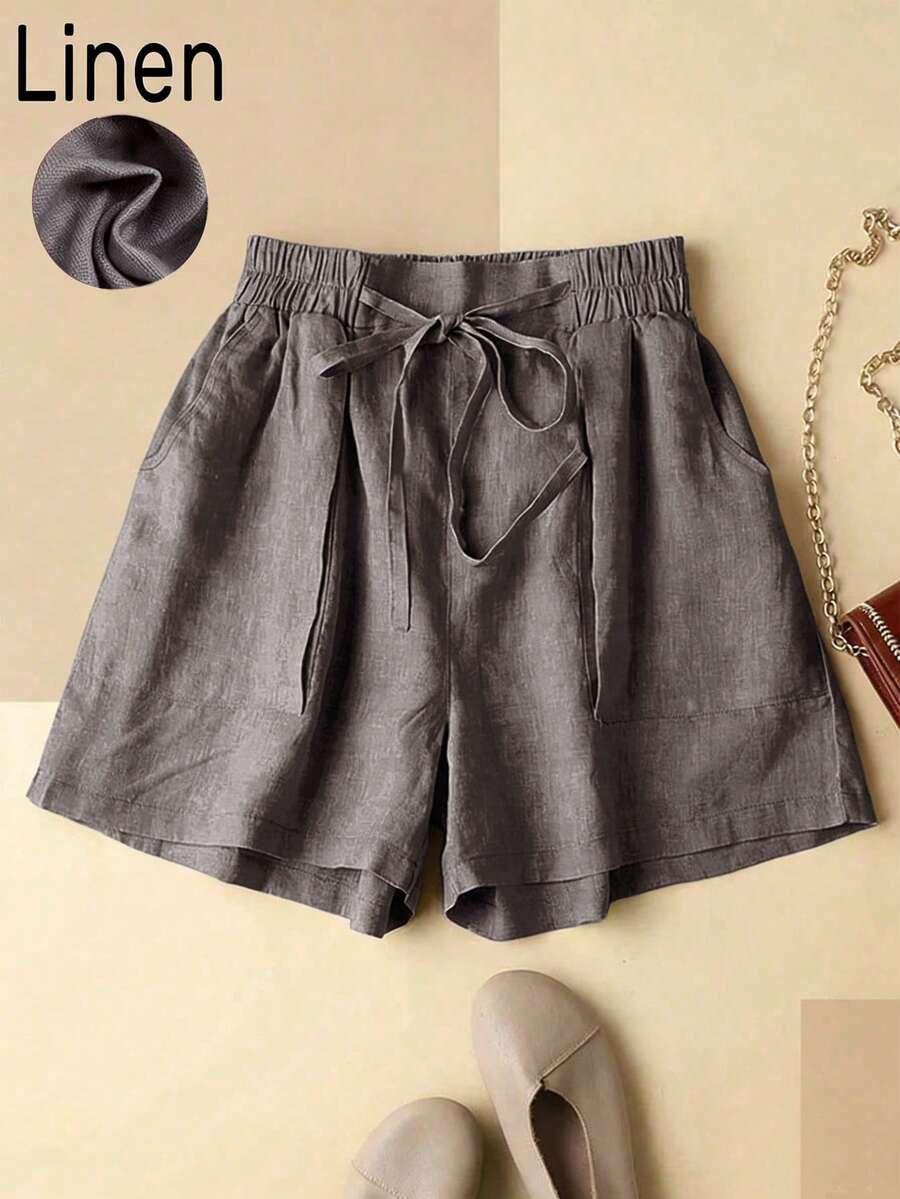 Women's Casual Linen Elastic Waist Pocket Shorts, Suitable For Spring And Summer Vacation - Dark Grey - View 1
