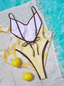 女士复古露背比基尼连体泳衣，黄棕色，适合外出、健身、春假、Y2K风格、街头、度假、音乐节、泳池派对、嘉年华、2026夏季女士沙滩装 - 黃色 - 查看 7