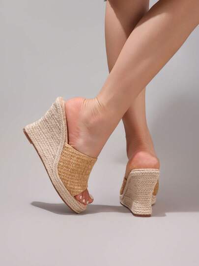 Giày sandal đế xuồng bằng dây gai dầu, quai đơn hở mũi, dép cao gót chống thấm nước, giày dép thời trang hàng ngày cho nữ, thích hợp cho kỳ nghỉ hè.