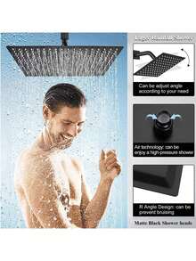 Matte Black/Published Sliver Shower Head Combo,8/10/12" Rain Square Shower Head  With 9 Inch Adjustable Extension Arm And 3 Settings Handheld Spray,150cm Long Hose,Wall-Mounted,Adjustable Height , Home Bathroom Decor ,Shower Accessories - 折疊臂 - 查看 2