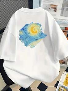 1pc Wo Van Gogh Starry Night Art Print T-Shirt - White With Blue And Yellow Swirling Night Sky Design, Casual Loose Fit Short Sleeve Round Neck Top, Inspired By Famous Painting, Machine Washable All-Season Wear, Relaxed Fit For Casual Outfits And Plus Size Women's Pure Cotton Crew Neck Printed T-Shirt - 白色 - 查看 7