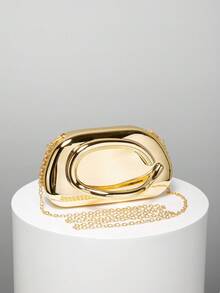 时尚金属装饰迷你盒形手拿包，闪亮金属条点缀女士手提包，优雅奢华，适合晚礼服、派对/婚礼/舞会/盛大场合，配有金属链 - 金色 - 查看 6