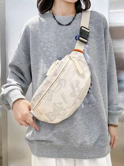 1pc Women's Fashion Cartoon Bear Print Chest Bag, Multi-Pocket Organizer, Adjustable Shoulder Strap, Suitable For Casual, Commuting, Daily Use