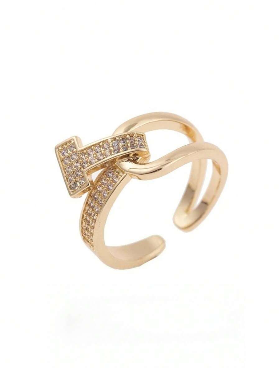 奢华T字环，互扣设计，镶嵌透明水钻，金/银色袖扣，馈赠佳品 - T - 查看 1