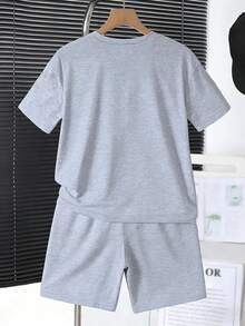 男童印花圆领短袖T恤和短裤两件套休闲套装 - 灰色 - 查看 2