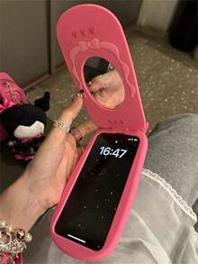 Cute 3D Hot Pink Big Cellphone Model Flip Mirror Silicone Phone Case For IPhone 16 15 14 13 12 Pro Max 11 Shockproof Soft Cover Gift - 玫紅色 - 查看 1