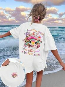 Women's Regular Fit Tee With Cute Sea Turtle And Floral Print, Coastal Style - White - View 1