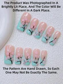 10pcs Y2K Nails Pipe-Shaped Press On Nails Set - Handcrafted, Pink Nails, Blue Nails, Blue French Tip Nails, Hand Drawn Green Tea Flower, Green Tea Flowers Nail Art, Pink Little Flowers Element Decoration , Delicate Cute Nails - Perfect For Parties & Casual Attire,Perfect Holiday Gift For Women And Girls, DlY Nail Art - M - Xem 6