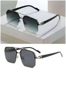 2pcs Men's Metal Double-Bridge Fashion Glasses, Minimalist Practical Multifunctional - 1*silver/gray+1*silver/gradient Green - View 2