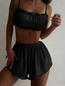 两件套女士吊带背心上衣+松紧腰短裤睡衣套装 - 黑色 - 查看 6