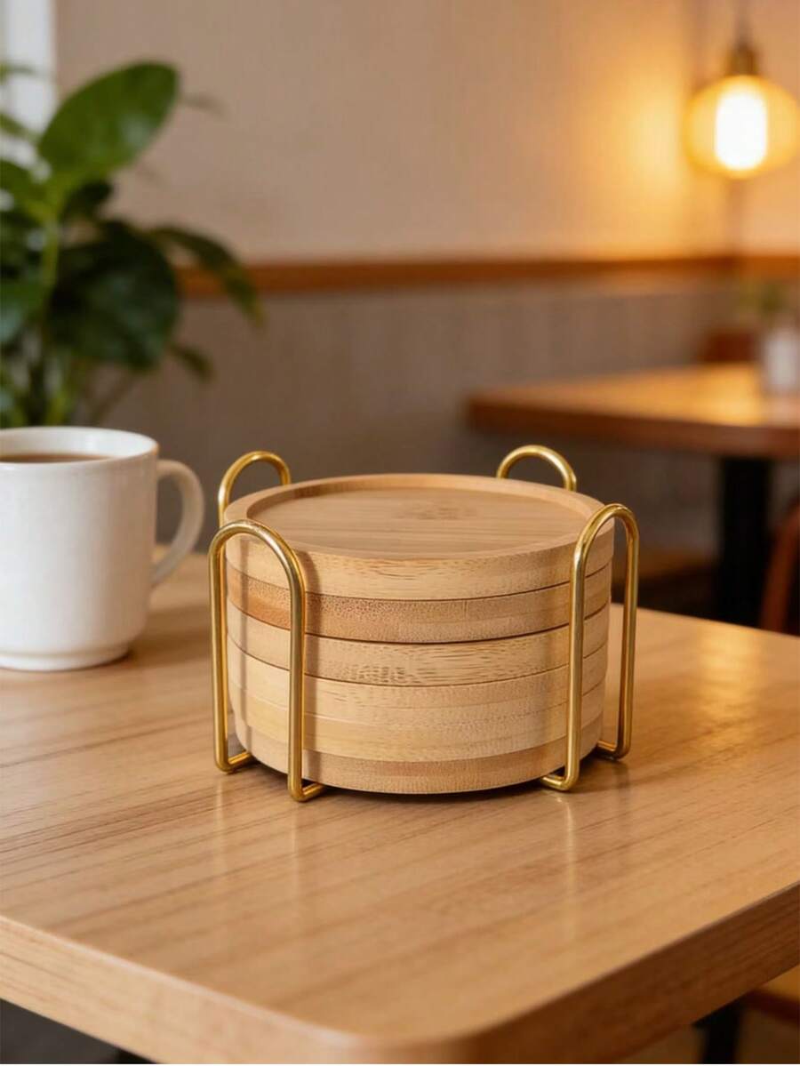 6pcs Bamboo Coaster Set With Holder - Natural Wooden Coasters, Waterproof And Heat-Resistant, Suitable For Home/Bar/Kitchen Decor - Wood Color - View 1