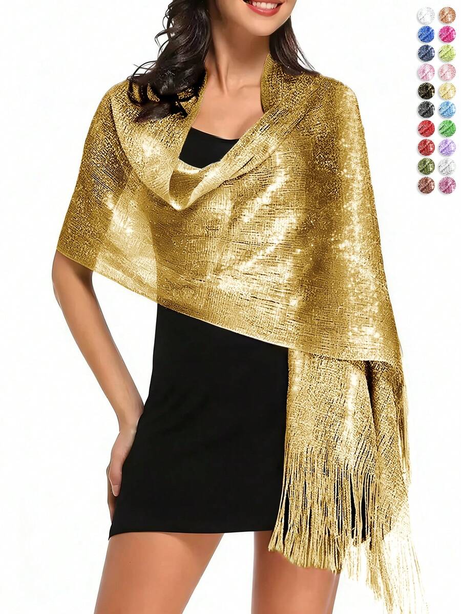 1pc Shiny Metal Shawl, Round Buckle Tassel Scarf, Suitable For Evening Gala, Party, Wedding And Other Occasions - 01-gold - View 1