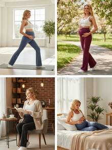 4-Piece Set Of Women's Maternity Flared Pants: High-Waisted, Belly-Supporting, Boot-Cut Yoga Pants-Casual Pants Perfect For Pregnancy - Đen + Đen + Xám + Đỏ - Xem 2