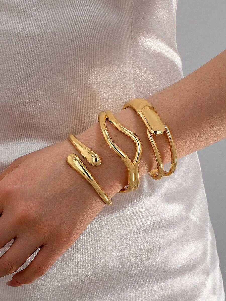 3pcs/1set Minimalist Gold-Tone Geometric Hollow Asymmetrical Water Drop Thick Textured Bangle Set, Suitable For Women, Solid Metal & Zinc Alloy Material - Yellow Gold - View 1