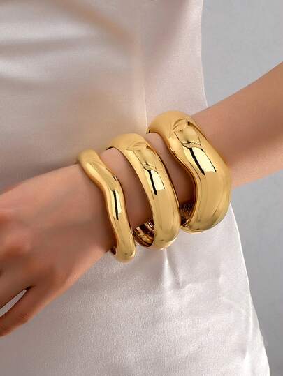 3pcs/Set Unique Bangle, Gold Bangle, Wide Bangle, Chunky Oversized Bangle, Bangle Set, Wide Bracelet, Luxury Elegant Style, For Women