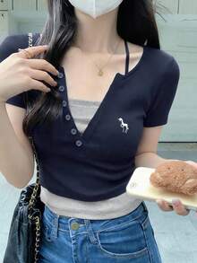Fashionable Short Sleeve T-Shirt For Women, Summer New Arrival Casual - Navy Blue - View 6