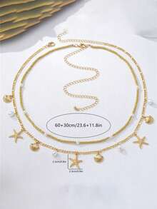 Conjunto de cinturón de doble capa con estrella de mar y concha de estilo bohemio - Cadena corporal con cuentas de perlas falsas - Cinturón ajustable - Multicolor - Ver 8