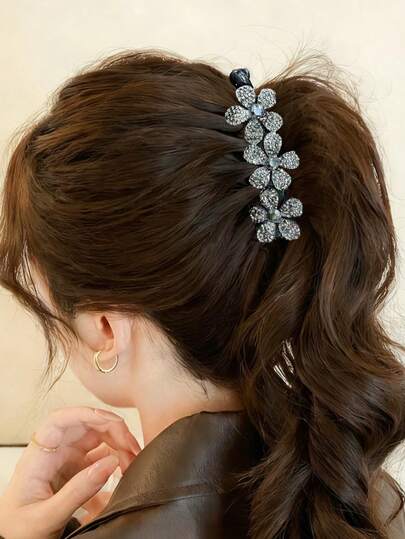1个黑色花朵水钻香蕉夹，女士优雅大号发夹，适合丸子头造型，日常、派对和正式场合造型