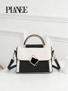 Bolso de mano con contraste de color negro y blanco | Bolso de mano minimalista con cierre geométrico | Bolso cruzado multifuncional adecuado para el trabajo y las citas - Blanco y Negro - Ver 8