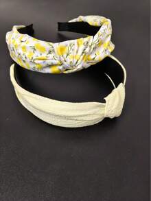 2pcs Solid Color & Printed Twist Headbands Set, Suitable For Daily Wear, Spring/Summer, Vacation Hairband Beauty Home Hair Accessories - Yellow - View 4