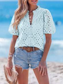 Women's Summer Clothes Tops Fashion Casual Short Sleeve V Neck Buttons Hollow Eyelet Lace Embroidered Blouses Shirts Festival  Beach Vacation  Light Blue  Outfits Women Tops For Women - 淺藍色 - 查看 4