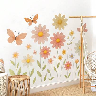 水彩波西米亚风雏菊蝴蝶墙贴，适用于卧室、游戏室、客厅、家居墙面装饰