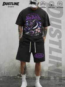 Mens Creative T Shirt And Shorts Set American Vintage Full Print Street Wear Essential T Shirt Set Men Graphic T Shirt And Shorts Set With Dragon And Flowers Print Washed Look Vons Dutchs Logo Design For Casual Outfits Summer Wear - 黑色 - 查看 2