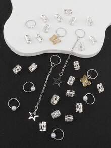 29件套波西米亚风发饰，适用于辫子发——金色银色蝴蝶和星星吊坠发饰 - 銀色 - 查看 4