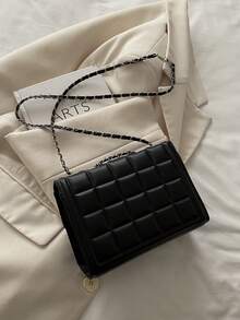 Fashionable Small Handbag For Women, New Arrival Plaid Shoulder Bag, Minimalist Chain Crossbody Square Bag - Black - View 7