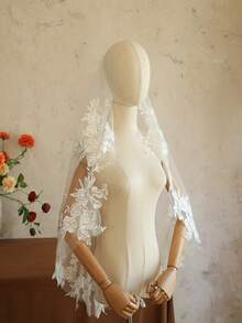 1pc Fingertip Length Floral Lace Applique Veil, Bridal Hair Accessory With Metal Comb, White/Ivory Wedding Decor - Multicolor - View 2
