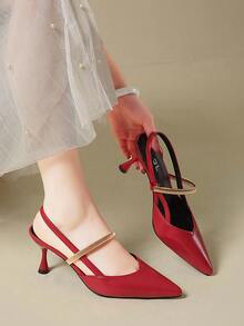 Tacones altos de punta fina con lazo de strass plateado, de tacón alto y delgado, de estilo slip-on - Rojo - Ver 11