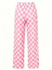 Pantalones casuales con estampado de tablero de ajedrez minimalista de moda para mujer en primavera/otoño, pantalones anchos y sueltos personalizados y versátiles, adecuados para el trabajo, el transporte, la oficina, los viajes, las fiestas, la escuela y el uso diario en el hogar - Rosa blanco - Ver 4