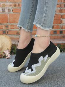 新款透气舒适针织网面女鞋，软底套脚休闲乐福鞋，学生及通勤日常穿着 - 黑色 - 查看 4