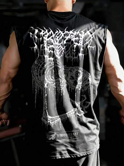 男士宽肩深色无袖背心，圆领涤纶针织面料，适合夏季运动训练篮球服