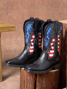 SHOESMALL Men's Black Cowboy Boots Western Boots Side Zipper American Flag Retro Square Toe Mid-Calf Boots For Men - 黑色 - 查看 1