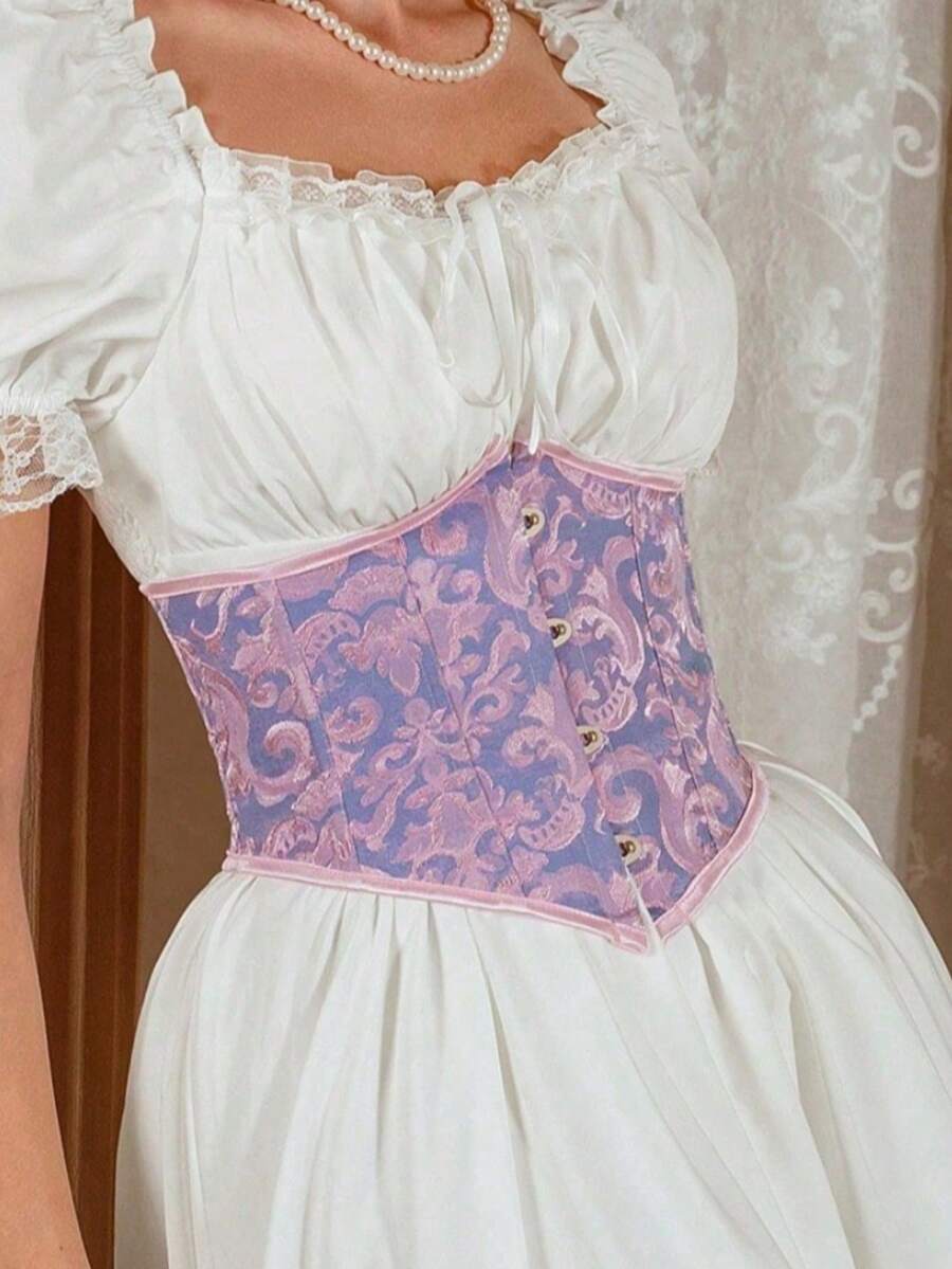 1pc Women's Adjustable Waist Trainer, Bust Enhancing Jacquard Corset, Suitable For Halloween, Party Outfits - Blue - View 1