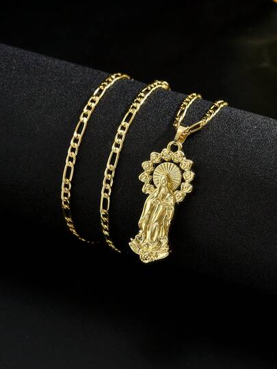 1pc Men's Exquisite Rose Halo Virgin Mary Pendant Necklace, With Romantic Floral Virgin Mary Element, Christian Amulet, Suitable For Church Service And Daily Wear