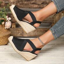 时尚交叉麻绳包头坡跟凉鞋 - 黑色 - 查看 10