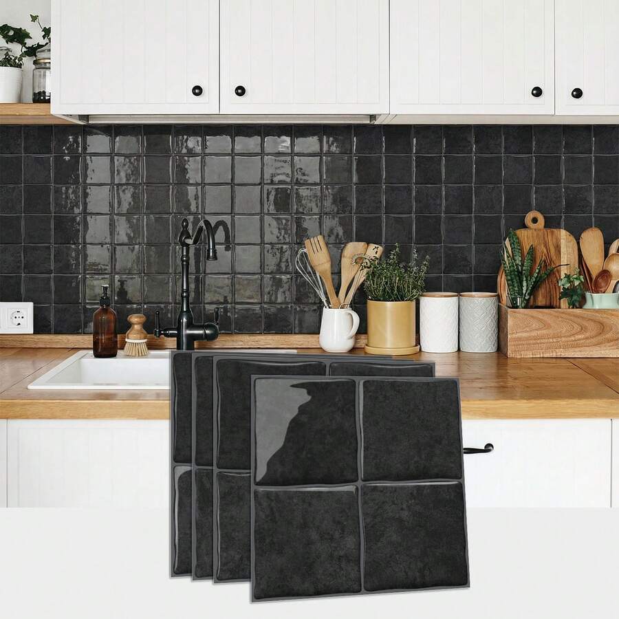 工业风优雅黑灰色PVC光滑加厚自粘方形3D墙砖，色彩柔和，粘贴牢固，防水耐磨，适用于厨房、浴室、客厅、卧室、壁炉等，尺寸为6英寸x 6英寸/15.25x15.25厘米