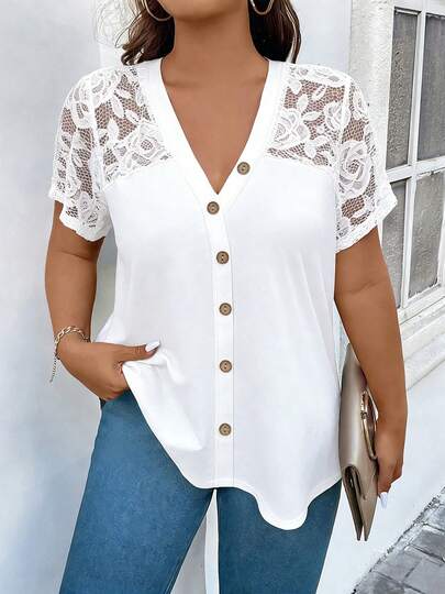 Plus Size Women's Fashion Slimming Front Button Lace Patchwork Top, Button Decor Elegant Black T-Shirt, Suitable For Daily Wear, Valentine's Day, Spring Festival, Thanksgiving And All Holidays White Summer